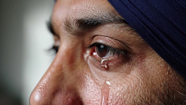 Close up of an emotional Sikh man with tear on his cheek. 4K Video