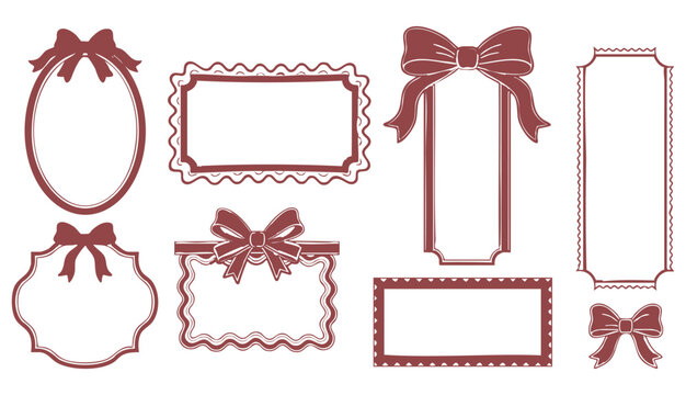 Whimsical coquette style set with red ribbon bows, wavy frames, hand-drawn borders and vintage doodles, vector
