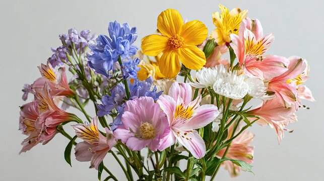 A bouquet of different flowers on a white background