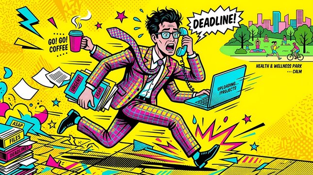 Stressed Businessman Running with Coffee Laptop and Papers for Deadline