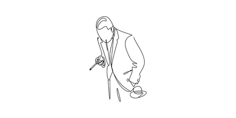 Obraz premium Minimalist continuous line drawing of a formal gentleman holding a cane and a hat in his hand Vector, illustration