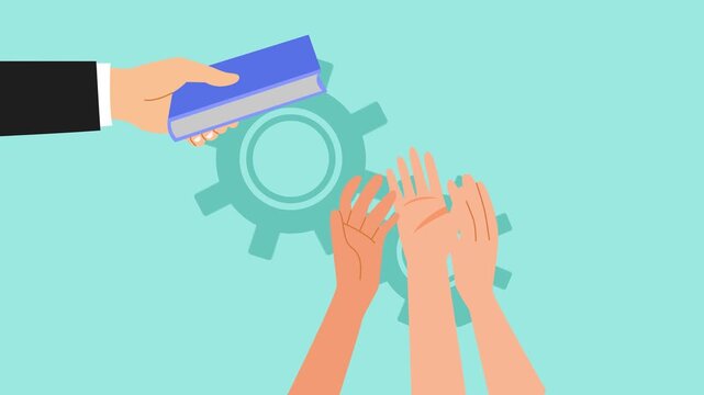 Hands Receiving Book Symbolizing Knowledge Transfer. Passing on Knowledge concept. Full length animation illustration. High quality&nbsp;4k&nbsp;footage