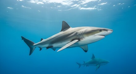 Naklejka premium Majestic Sharks Swimming Gracefully Through Clear Ocean Waters