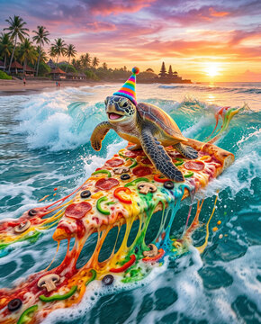 Happy sea turtle wearing a colorful party hat while surfing on a large slice of delicious pepperoni pizza with melting cheese across the vibrant ocean waves during a beautiful sunset as it enjoys a wh