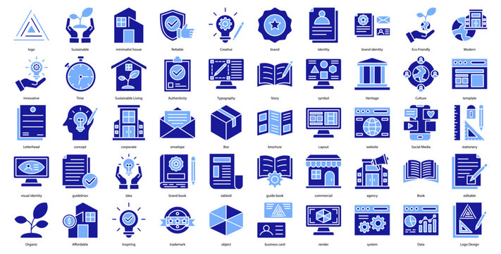 Brand Identity icon collection set. Containing logo, Sustainable, minimalist house, Reliable, Creative, brand, identity icon