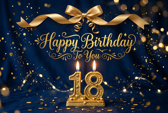 Happy Birthday To You 18th golden candles ribbon and confetti luxurious dark blue background festive celebration