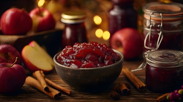 Cozy autumn scene homemade apple jam berries cinnamon sticks rustic warmth inviting textures perfect seasonal still life