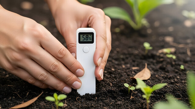 Person using a digital soil moisture meter in a garden.