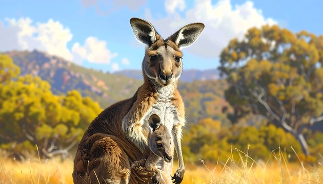 A kangaroo and joey in a field with trees and mountains