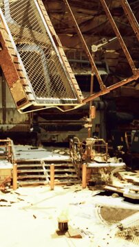 An old industrial area shows damaged equipment and debris scattered on the ground. Rusted objects hang and a staircase leads into a dark space filled with remnants of past activity.