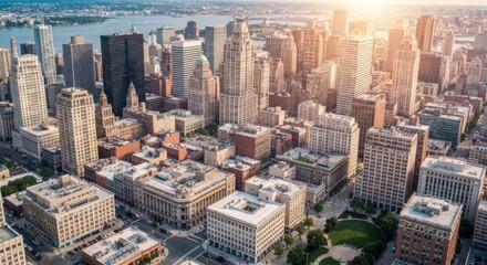 Obraz premium Aerial view of a city skyline with skyscrapers, buildings, water, and sunlit atmosphere