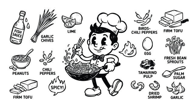 Vintage 1930s Retro Mascot Pad Thai Asian Stir Fry Noodle Illustration Set