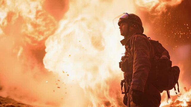 Brave firefighter stands firm before flames during wildfire response in a forest at night