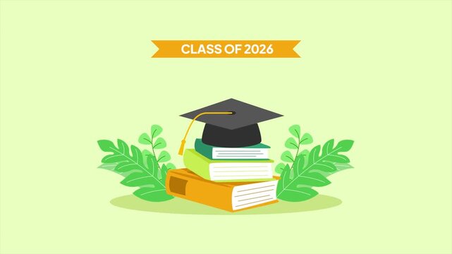 Graduation Cap On Books Class of 2026. Class of 2026 concept. Full length animation illustration. High quality&nbsp;4k&nbsp;footage