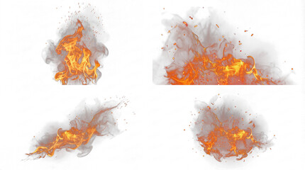 Captivating collection of burning fire elements with smoke and sparks, isolated on a transparent background. © Jodie