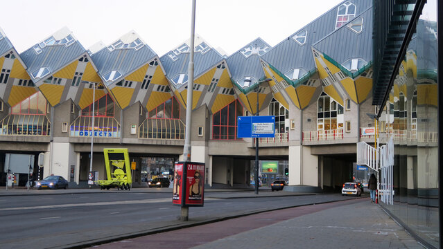 Rotterdam, Netherlands. Cube houses are a set of innovative houses built in Helmond designed by architect Piet Blom. His design represents a village within a city.