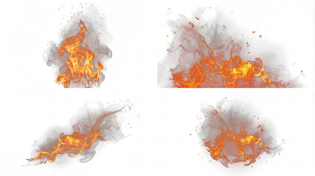 Captivating collection of burning fire elements with smoke and sparks, isolated on a transparent background.