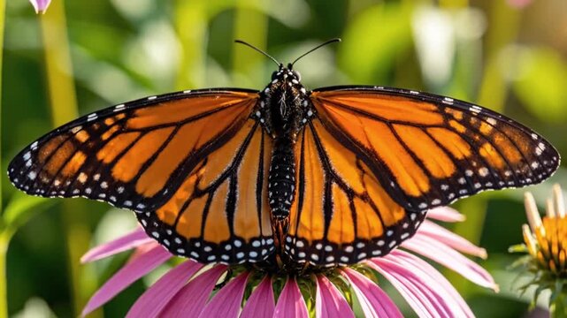 Monarch Butterfly close-up on purple echinacea flower, macro insect, nature wildlife