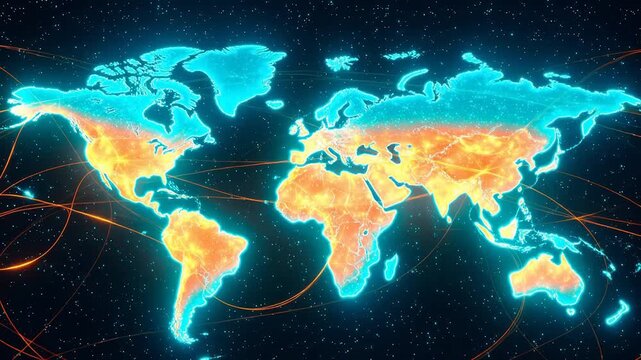 Global network map with glowing connections for Digital Transformation and Cyber Infrastructure