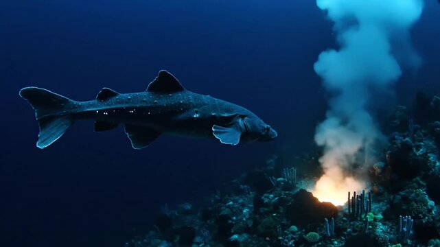 Ancient Coelacanth Swimming Near a Hydrothermal Vent