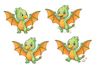 Cute Baby Pterodactyl Flying Dinosaur Cartoon Character Mascot Isolated White Background Vector Illustration © babylon