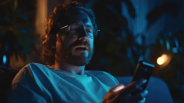 Man wearing glasses using smartphone at night in dim light while sitting on couch at home