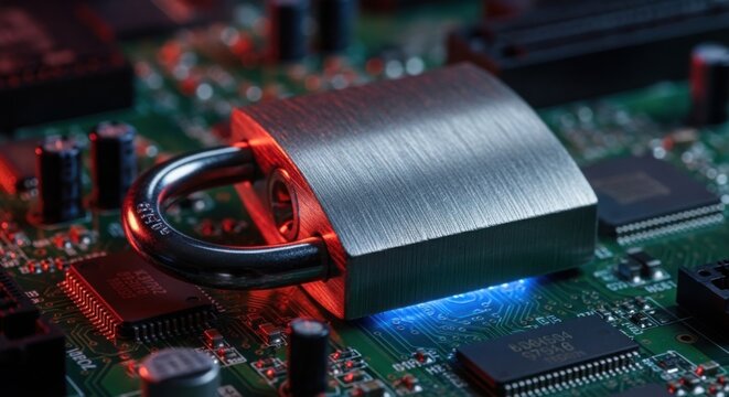 A close-up studio shot of a metallic padlock resting directly on an intricate green printed circuit board, symbolizing cybersecurity, data protection, and digital safety in modern computing systems.