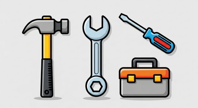A set of colorful cartoon tools and a toolbox on a plain background