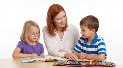 Fototapeta premium A teacher reading a book with a young girl and boy at a table