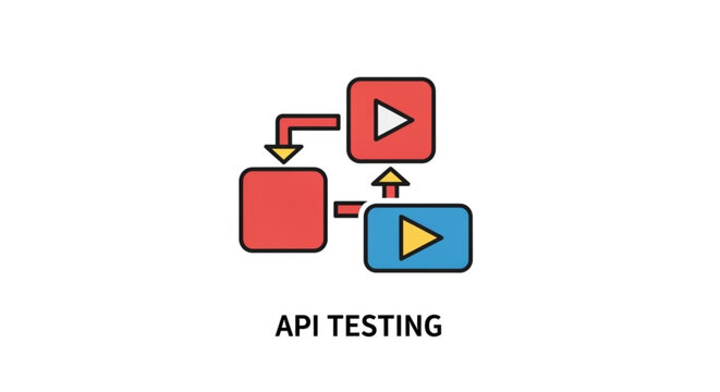 A vector graphic illustration of API testing process with play buttons and flowchart