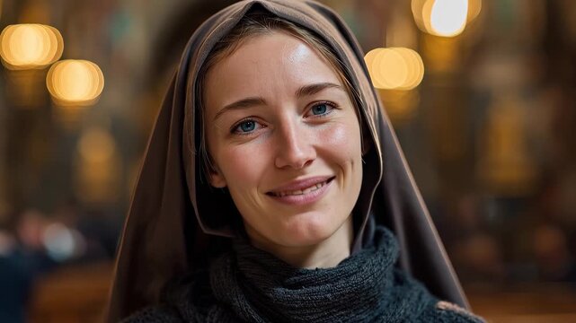 Nun smiles while standing in a church during a gathering with people in the background