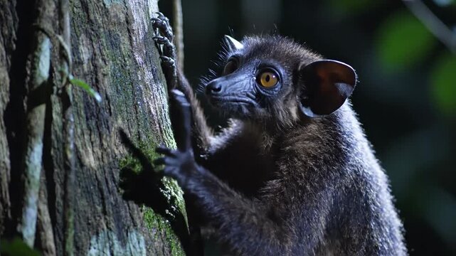 A curious Aye-aye lemur tapping a tree for food in the night
