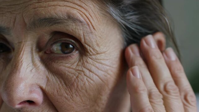 Close-up of an elderly woman gently touching her temple, highlighting the beauty and texture of aging skin
