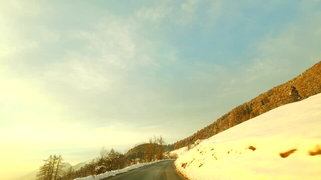 Bold sunset and sky and clods in a winter time, winter landscape.