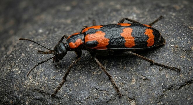 High angle view of a red and black banded blister beetle resting on a dark rock