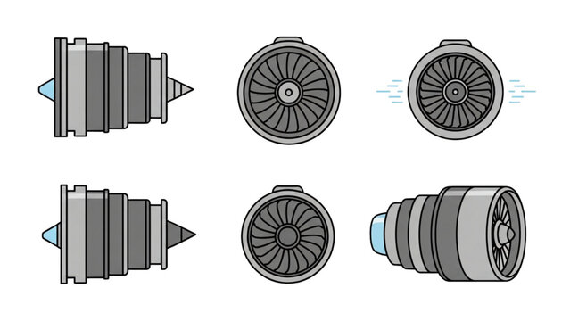 Vector CAD designs of a jet engine turbine in various angles and views