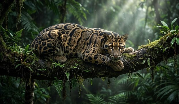 Wild Clouded Leopard (Neofelis diardi) Stealthily Hidden in the Shadows of Borneo Forest