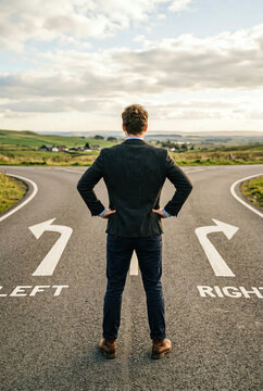 Rear view businessman stands at a road fork junction. Large arrows painted on the asphalt point LEFT and RIGHT, leading toward a green, hilly landscape. Metaphor for decision making and life choice