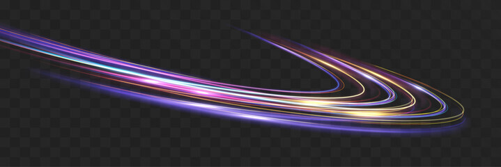 Obraz na płótnie Canvas Vibrant multicolor neon light trails forming smooth dynamic curves with glowing motion blur, isolated on transparent background, perfect for futuristic overlays and energetic digital design. 