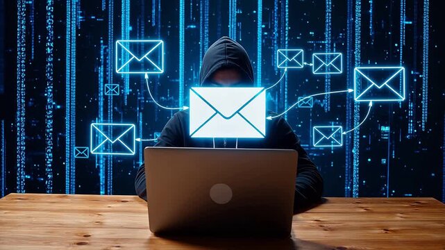 Person using laptop with email icons for Digital Transformation and Cyber Infrastructure