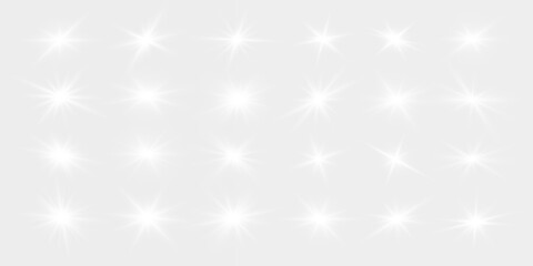 Bright PNG star set burst radiates clean sharp glowing beams. Glitter haze floats softly over transparent space. Perfect Christmas design use. © dedstock