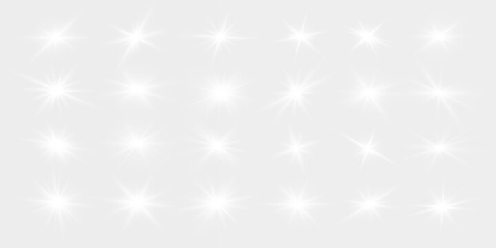 Bright PNG star set burst radiates clean sharp glowing beams. Glitter haze floats softly over transparent space. Perfect Christmas design use.