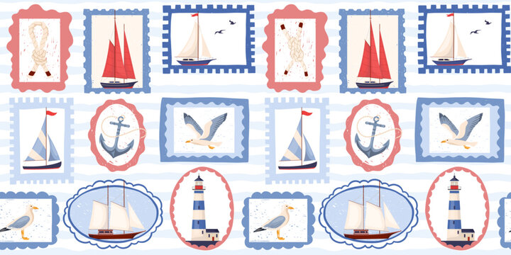 Seamless vector pattern with nautical themed postage stamp frames with texture Summer coastal design with sailboats, lighthouse, anchor and seagull for fabric, wrapping paper, wallpaper, print, decor