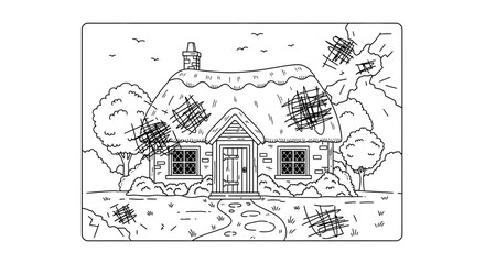 Obraz premium Charming Thatched Cottage with Garden Path and Trees - Black and White Outline