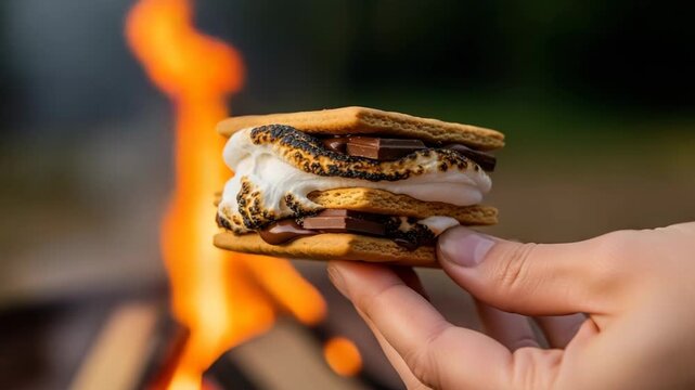 A delicious s'more held up by a person's hand in front of a warm campfire. It is a graham cracker sandwich filled with toasted marshmallow and chocolate, creating a delightful treat