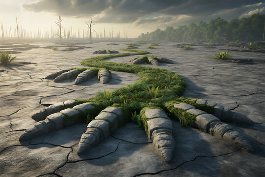 giant fossilized footprint covered in green grass and moss in a desolate landscape