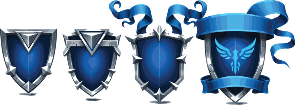 Fantasy blue shield emblem set featuring metallic armor badges, medieval crest designs and decorative ribbon banner vector illustration