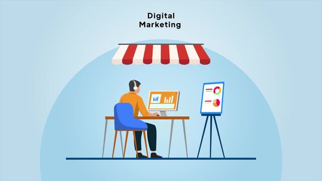 Freelancer Managing Online Business Campaign. Digital Marketing concept. Full length animation illustration. High quality&nbsp;4k&nbsp;footage
