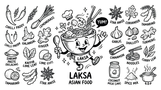 Vintage 1930s Retro Mascot Laksa Asian Food Illustration Set