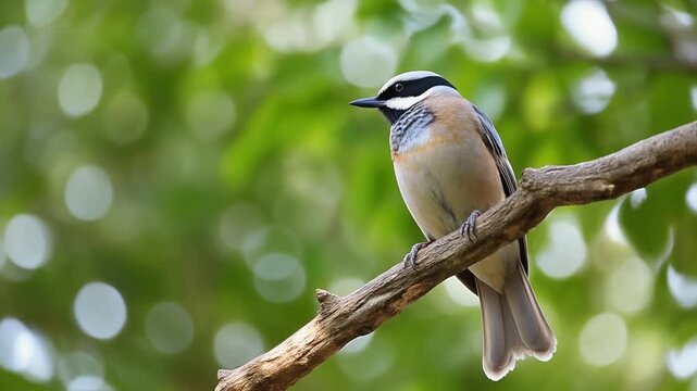 Adorable collared bird with a distinctive black mask perched on a rustic tree branch amidst lush green foliage suitable for nature and wildlife conservation projects